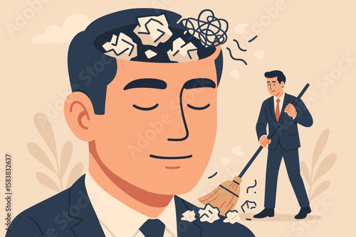 Declutter mind for mental health. Psychology concept of stress relief, mindfulness. Man sweeping brain garbage for clarity, focus. Thinking organization metaphor.