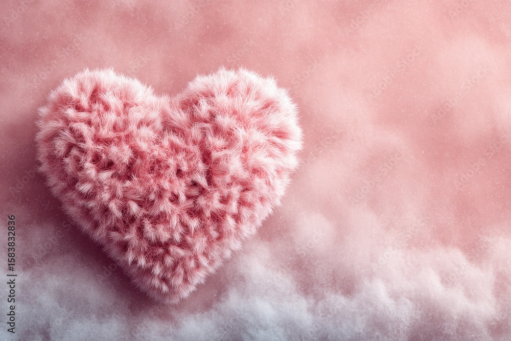 Obraz premium Fluffy pink heart shape resting softly on a pastel background evokes feelings of warmth and affection in a comforting and serene atmosphere