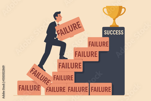 Businessman builds stairs from failure blocks to achieve success trophy. Concept of resilience, ambition, and learning from mistakes. Career growth, motivation and development.
