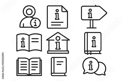 Information line icon set. Info point, guide, manual, instruction, and help desk symbols. User guide, reference book, and customer support outline vector icons.