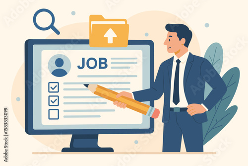 Businessman filling online job application form. Career and employment submission concept. Candidate recruitment and job search. Resume and CV document upload vector illustration.