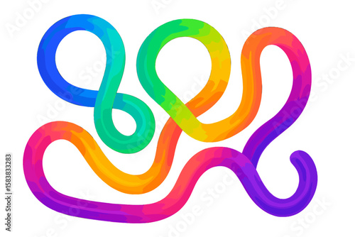 Abstract 3D fluid shape with a vibrant rainbow gradient. Dynamic flowing line or tube with a colorful neon light effect. Modern looped and tangled graphic element.