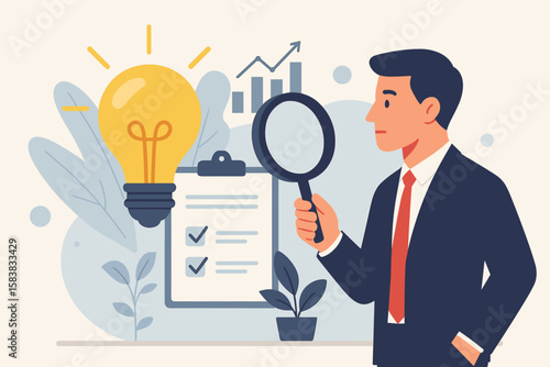 Business idea validation. Market research for viability. Businessman with magnifying glass analyzes checklist for profit and growth. Strategic planning for startup success concept.