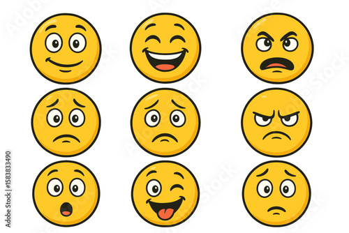 Set of cartoon emoticons with various emotions. Smiley faces showing happiness, sadness, anger, and surprise. Vector illustration pack of emotional character icons for design.