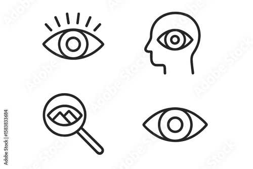 Vision and Eye Concept Line Icons Set. Human Eye, Head with Eye, Magnifying Glass with Landscape, Open Eye. Minimal Linear Style. Visual Perception, Observation, Awareness, Insight, Search, View.