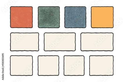 Doodle hand drawn frames set with grain texture. Colorful drawn squares with wavy rough edges. Wavy irregular rectangles collection. Different boxes design elements vector.