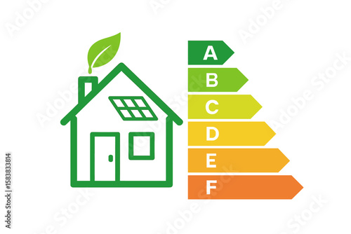 Energy efficient house concept with classification graph. Home energy consumption efficiency rating. Smart eco house certification system for sustainability and savings.