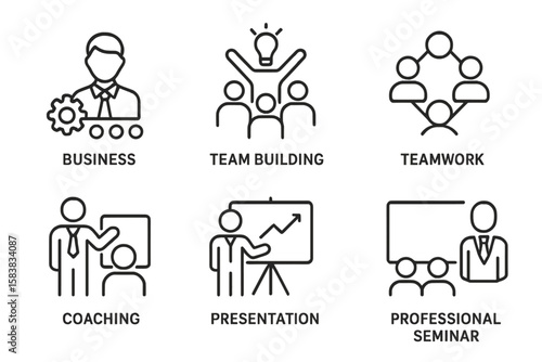 Business Workshop and Team Building Line Icon Set. Outline Vector Pictograms for Teamwork, Coaching, Presentation, Professional Seminar, Corporate Training, Leadership, Collaboration Concepts