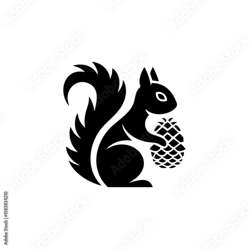 Minimal vector icon of a squirrel holding a pinecone, symbolizing nature, forest wildlife, and resourcefulness.

