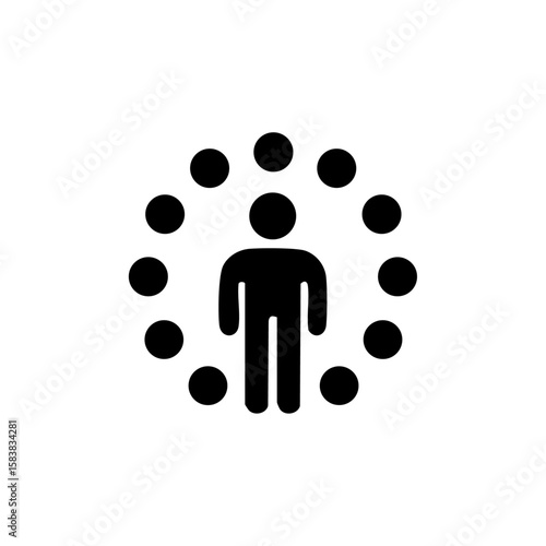 A simple icon showing a person surrounded by dots, symbolizing viral infection, exposure, or pandemic spread.

