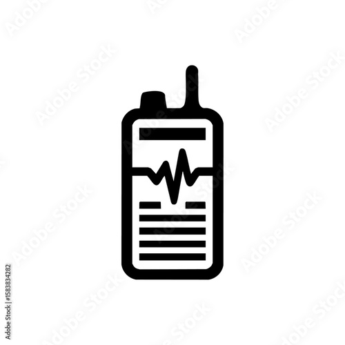 Minimalist icon of a walkie-talkie with a heartbeat line on the screen, representing emergency communication and medical response.
