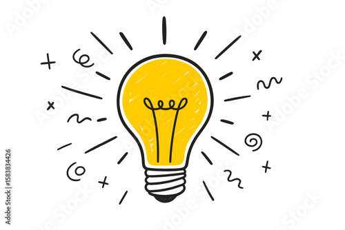 Hand-drawn lightbulb idea concept. Creative doodle sketch illustration. Symbol of innovation, solution, and inspiration. Brainstorming and thinking process vector icon design.