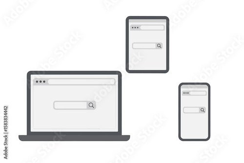 Browser window mockup on laptop, tablet, and smartphone screen. Web page frame for internet search. Simple blank template for UI UX design. Responsive web design vector.