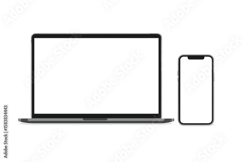 Modern laptop computer and smartphone with blank screens, digital device mockup for UI, UX, app and website design, contemporary mobile phone and PC setup on transparent background