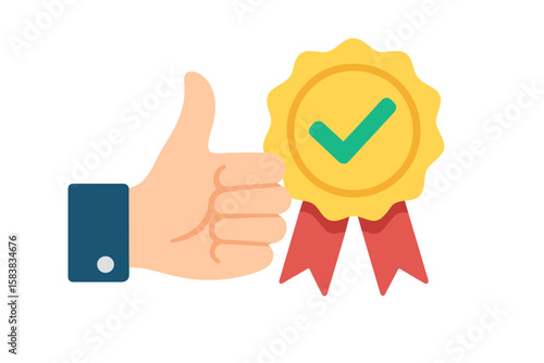 Approval check icon, recommendation for product concept. Hand giving thumb up. Honor badge for high quality. Public support and positive feedback. Certified quality guarantee.