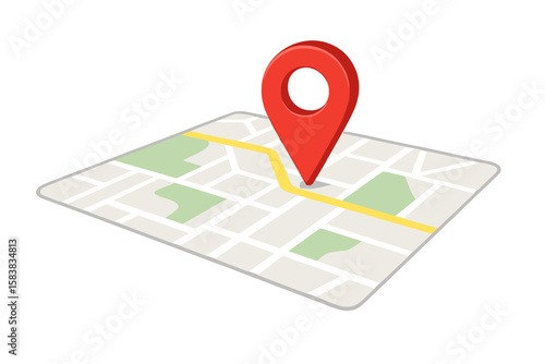 Red GPS navigator pointer on a city map. Location marking with a pin icon. Concept for navigation, logistics, geography, transport, and travel. Geotag destination point.