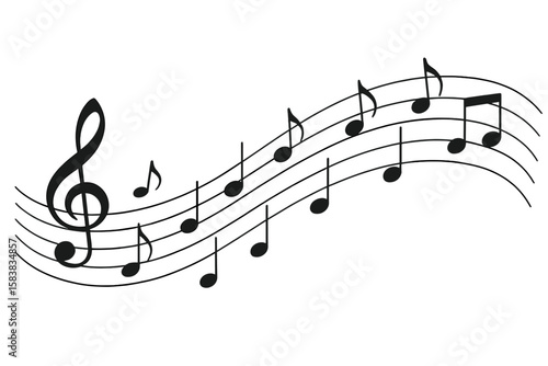Abstract music notes wave background, group of floating musical symbols, sound melody flow design, isolated vector illustration for stock, transparent and editable graphic element