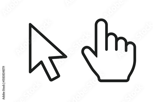 Click cursor set with arrow and hand pointer icons. Vector illustration for web design, UI, UX, and computer interface. Select button or link symbol.