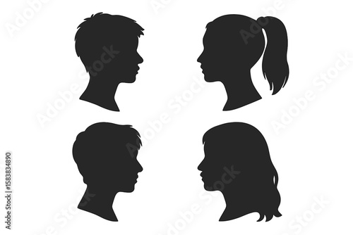 Young People Group Profile Silhouette Faces Set – Boys and Girls, Men and Women, Modern Diverse Teenagers and Adults, Side View, Vector Illustration for Stock, Transparent PNG, Isolated