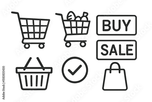 Set of shopping cart, basket, and bag icons representing buying and selling concepts, including full and empty carts, ecommerce, retail, consumer goods, transparent PNG and vector illustration