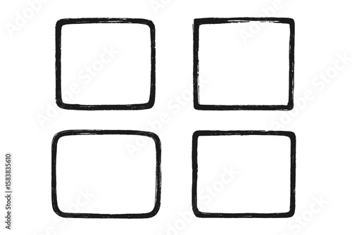 Set of hand-drawn grunge frames. Black ink brush stroke square border collection. Abstract doodle sketch design element. Distressed charcoal or chalk texture vector illustration.