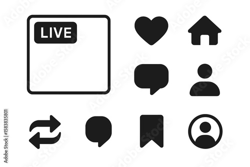 Social media icons set for user interface design. Live video streaming frame, like, heart, home, repost, comment, follow, share, save, and stories user button signs.