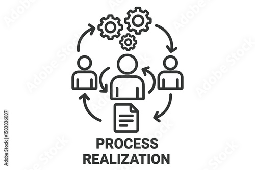Business Process Realization and Teamwork Concept with Interconnected People, Workflow Arrows, Gears, Document Icon, Collaboration and Management, Vector Illustration