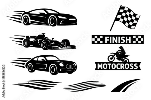 Set of motorsport racing icons. Sports car, formula 1 bolide, motocross motorcycle. Checkered flag, finish line banner, speed stripes for vinyl decal and sticker design.
