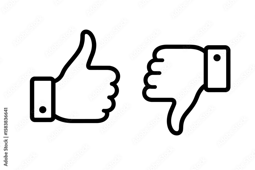 Thumb up and thumb down icon set. Like and dislike button symbol for social media. Concept of feedback, review, and rating. Yes or no, good or bad choice vector. Thumb up and thumb down icon set. Like and dislike button symbol for social media. Concept of feedback, review, and rating. Yes or no, good or bad choice vector.
