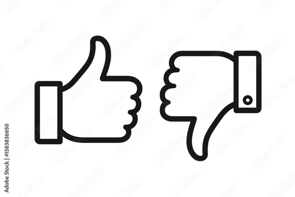 Like and dislike icons. Thumbs up and thumbs down symbol collection. Vector line art for positive and negative feedback, rating, review, approval and disapproval. Yes or no. Like and dislike icons. Thumbs up and thumbs down symbol collection. Vector line art for positive and negative feedback, rating, review, approval and disapproval. Yes or no.