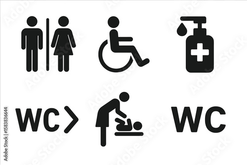 Restroom toilet signs icon set. Male, female, handicap wheelchair access pictograms. Baby changing station symbol. Hand sanitizer, soap dispenser. Public WC direction sign.