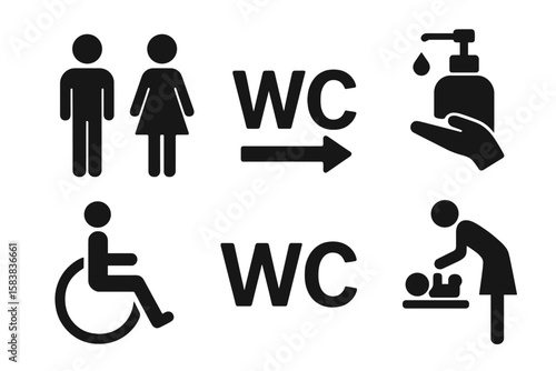 Toilet icons set. Male and female restroom signs. Handicap wheelchair access symbol. Baby changing room table. Hand sanitizer liquid soap. WC direction arrow. Vector pictograms.