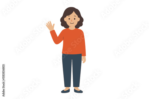 Smiling woman in casual clothes waving hand. Friendly female character saying hello or goodbye. Full body person vector illustration for animation or web design.