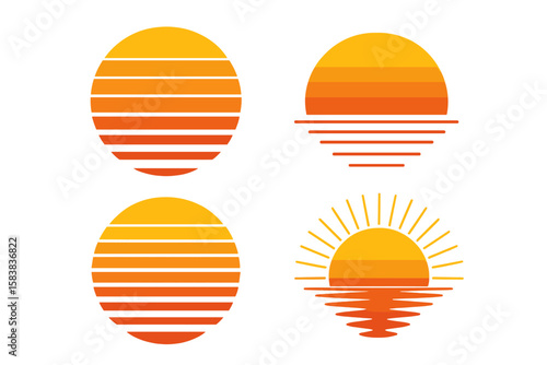 Vintage retro sun circle set. Sun in retro 80s and 90s style. Sunset and sunrise isolated vector elements. Striped sun logo for vaporwave or synthwave design.