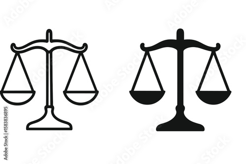 Scales of justice vector icon set. Law and legal symbol. Balance, equality, fairness, and truth concept. Court, judge, lawyer pictogram. Outline and solid silhouette style.