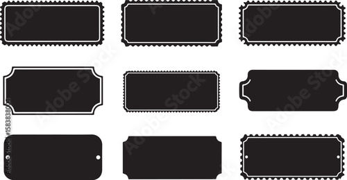 Vector art of collection of nine blank black labels with decorative borders