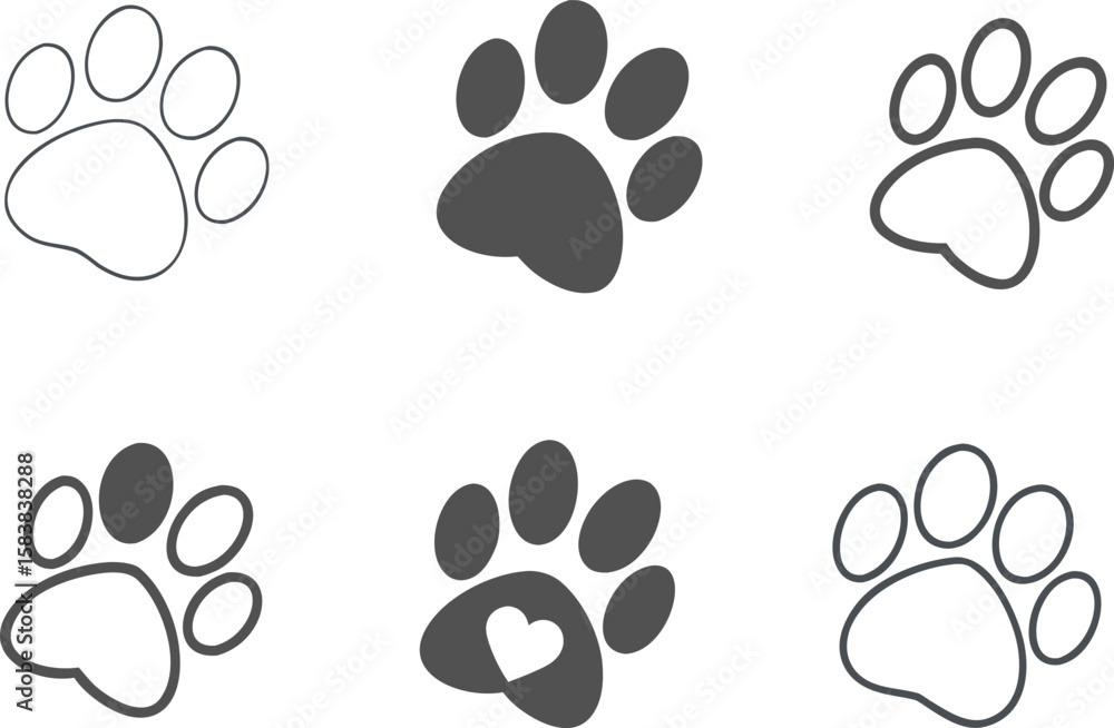 Fototapeta premium Variety of Paw Print Designs in Different Styles and Shades, Showcasing Cute Animal Footprints with Outline and Solid Options