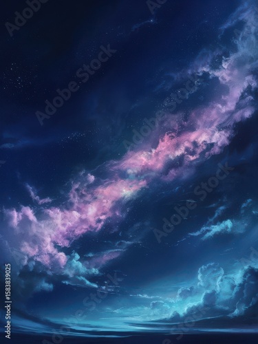 Vibrant nebula clouds swirl across a starry night sky above a tranquil horizon