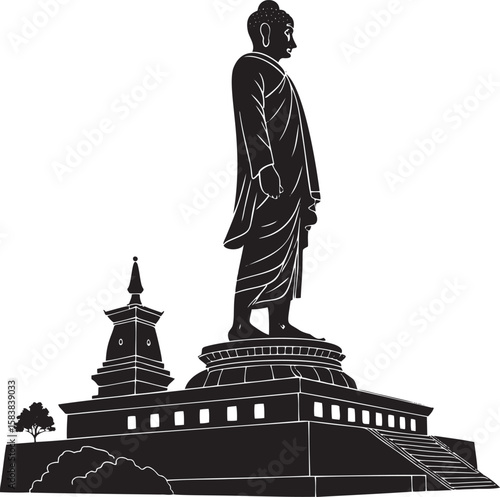 Standing Buddha statue with stupa and stairs religious