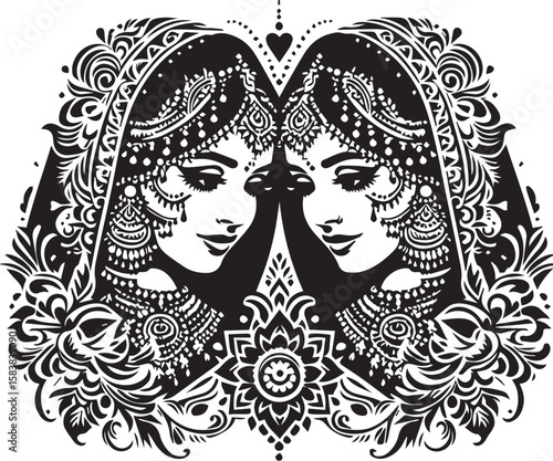 Art Dulha-Dulhan Portraits Mehndi Design, simple design for high quality ,  black and white, tattoo style, stencil print, mandala, impressive and visual sticker, white background