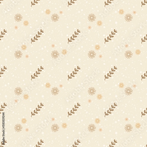 Soft Beige Seamless Botanical Pattern with Daisies and Leaves