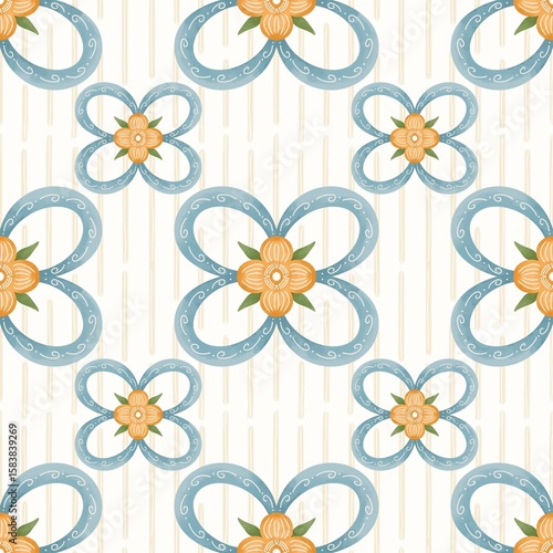 Seamless Abstract Floral Pattern with Blue Petals and Orange Center Flowers