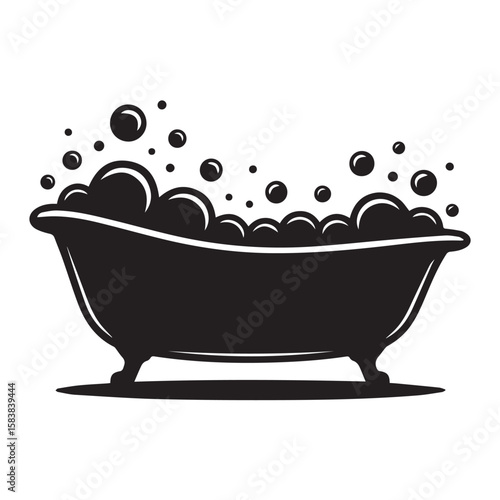 Black and white vector illustration of a bathtub filled with bubbles
