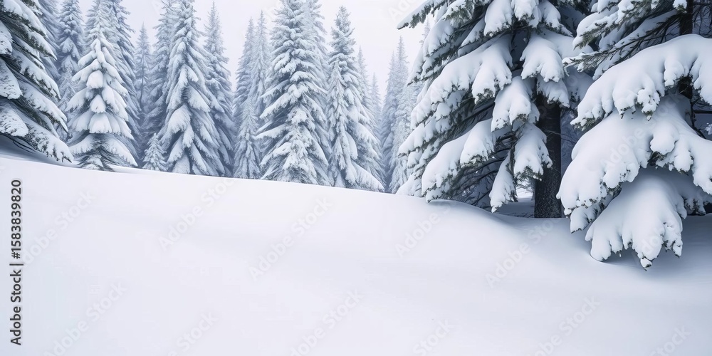 Fototapeta premium Deep snowdrifts bury the base of snow-laden fir trees in a pristine winter landscape, design, holiday