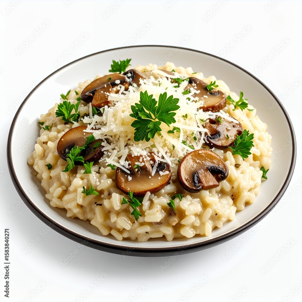 Creamy mushroom risotto plated exquisitely, garnished with parsley on white background Creamy mushroom risotto plated exquisitely, garnished with parsley on white background