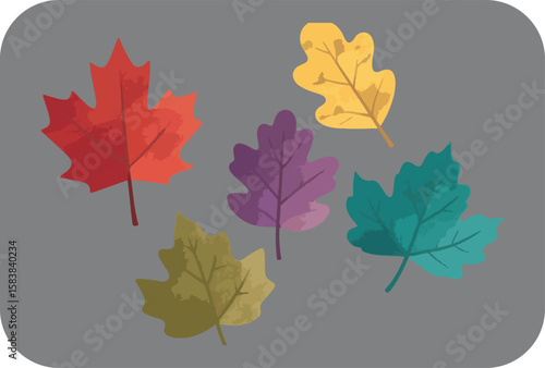A collection of five stylized autumn leaves in vibrant red purple teal yellow and olive green scattered across a neutral gray background with rounded corners