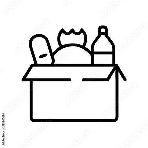 Food donation box with various items including bread and beverage  