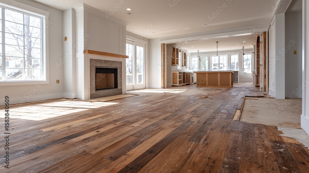 Fototapeta premium Spacious modern living room with wooden floors and fireplace in sunlit open-plan home