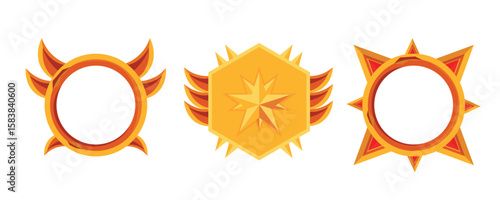 Set of golden gaming icons in cartoon style. Vector illustration of emblems: round, hexagonal, with wings, rays, star, precious stones isolated on white background. Award medals. Game rating.
