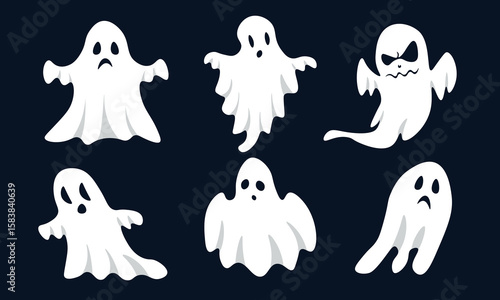 Set of cute flying ghosts in cartoon style. Vector illustration white cloth ghost characters with different emotions: scared, surprised, gloomy, funny isolated on dark background. Halloween ghosts.
